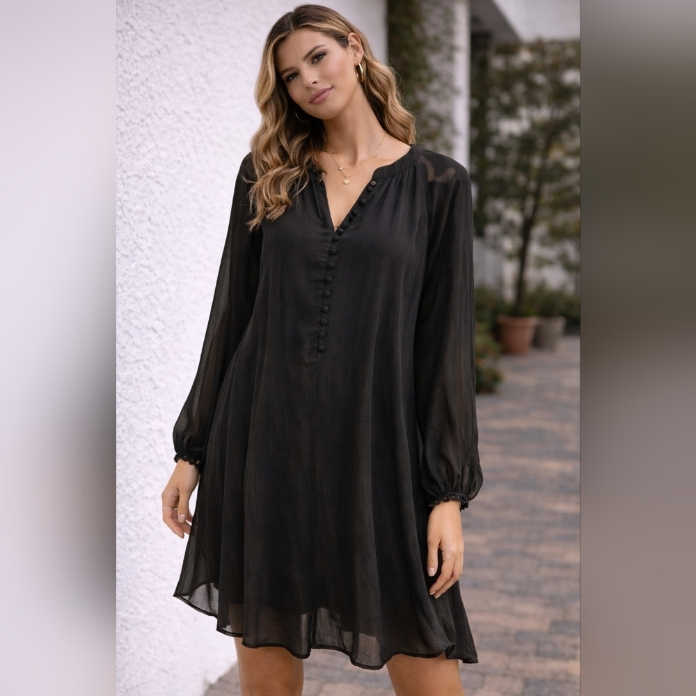 Joie Black Long-Sleeve V-Neck Button-Front Swing Dress